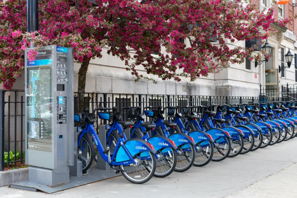 Citi Bike station in Astoria, Queens filled with bikes under pink flowering tree